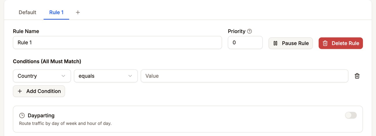 Rule 1 tab with the add-rule button and the conditions row outlined