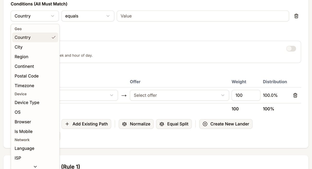 Condition field dropdown showing Geo, Device, and Network options