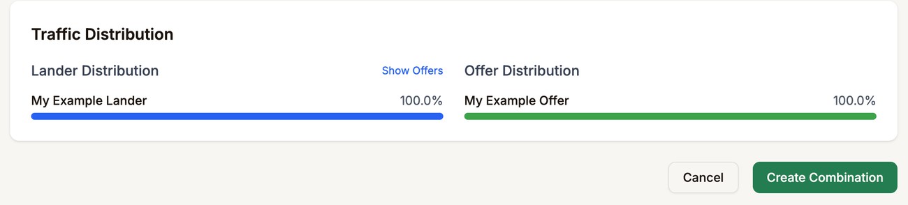 Traffic Distribution summary and the Create Combination button