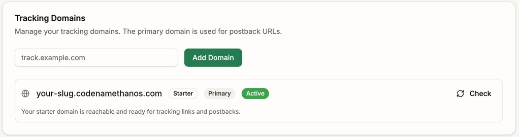 Tracking Domains card with the starter tracking domain outlined, marked Starter, Primary, and Active