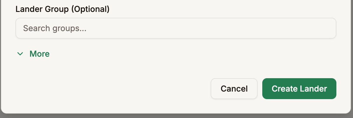 Cancel and Create Lander buttons at the bottom of the Create New Lander form