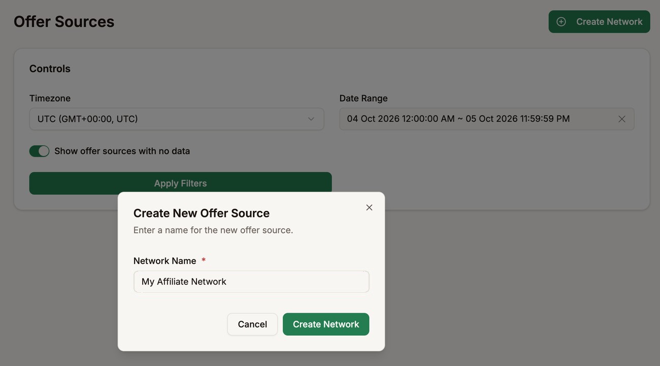 Create New Offer Source dialog with My Affiliate Network entered as the network name