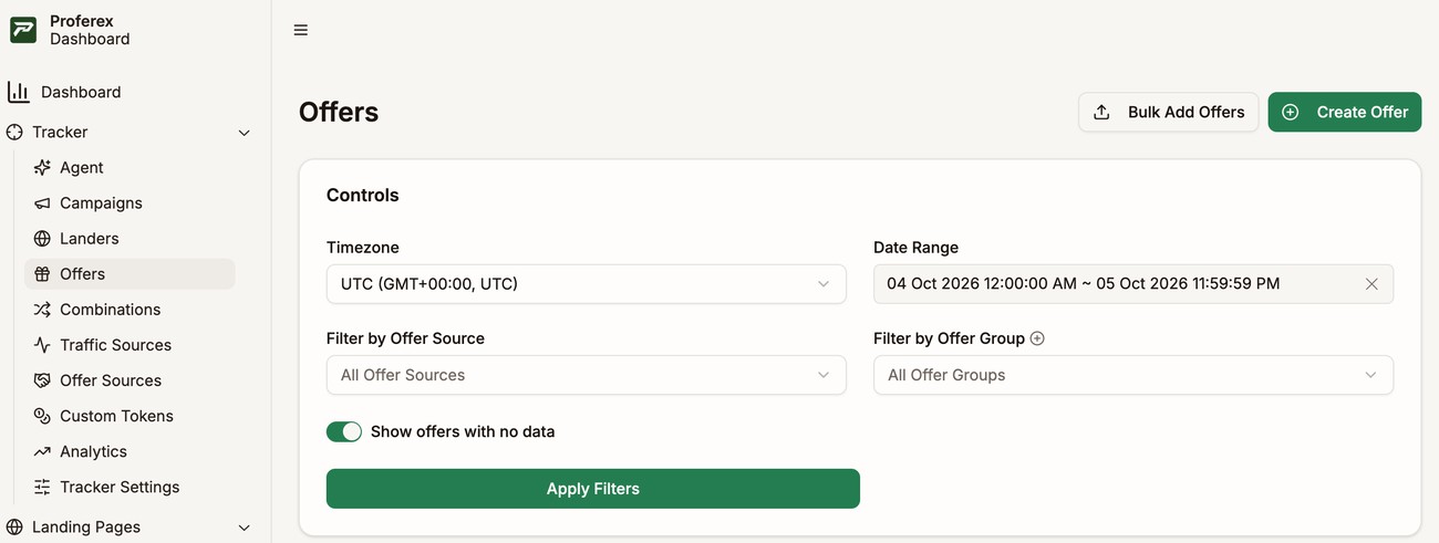 Offers selected under Tracker in the sidebar, and the Bulk Add Offers and Create Offer buttons outlined