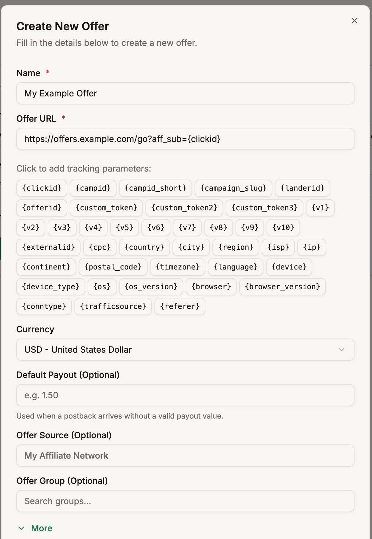 Create New Offer form with the name, offer URL with the clickid token, and offer source filled in