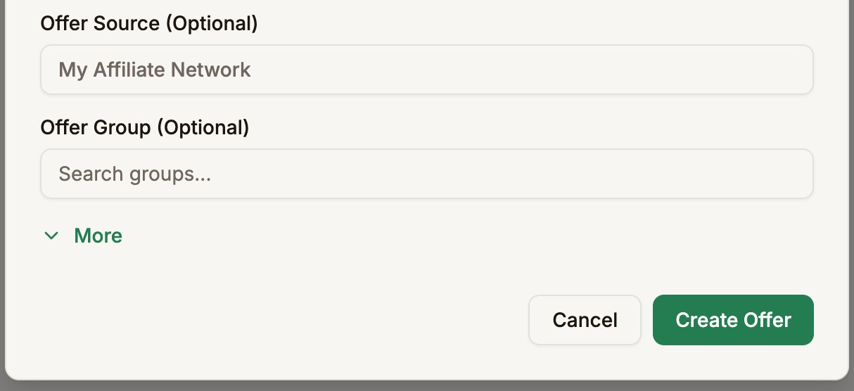 Cancel and Create Offer buttons at the bottom of the Create New Offer form