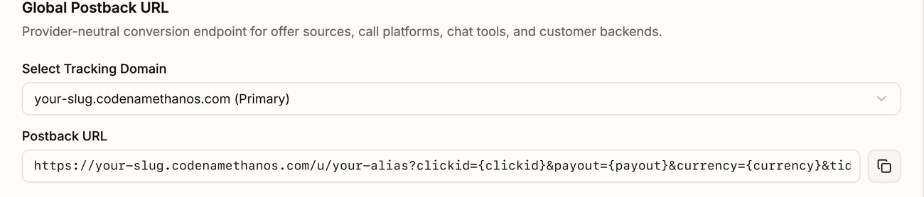 Global Postback URL with the tracking domain your-slug.codenamethanos.com and the Postback URL outlined