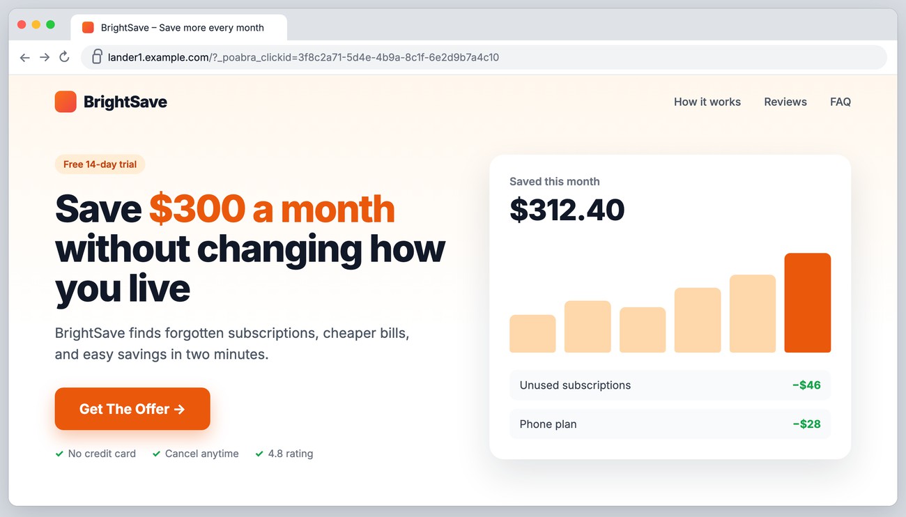 Example landing page open in a browser, with the click ID in the address bar and a Get The Offer button