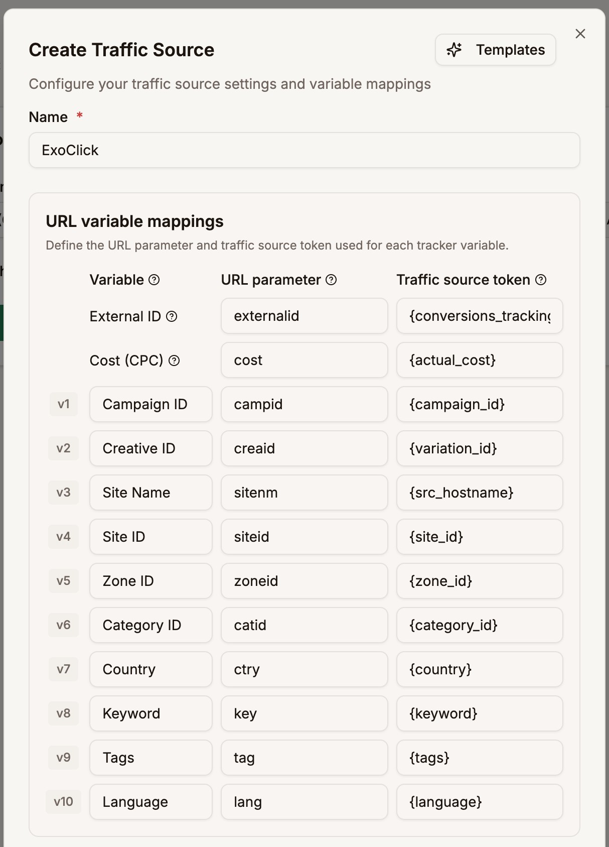ExoClick template with a name and URL variable mappings filled in