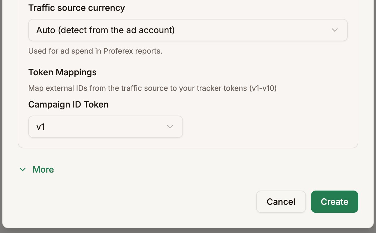 Cancel and Create buttons at the bottom of the Create Traffic Source form