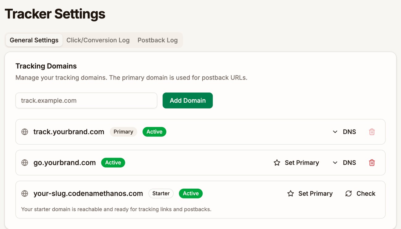 Tracker Settings with the General Settings, Click/Conversion Log, and Postback Log tabs, and the Tracking Domains card listing track.yourbrand.com as Primary, go.yourbrand.com, and the Starter domain