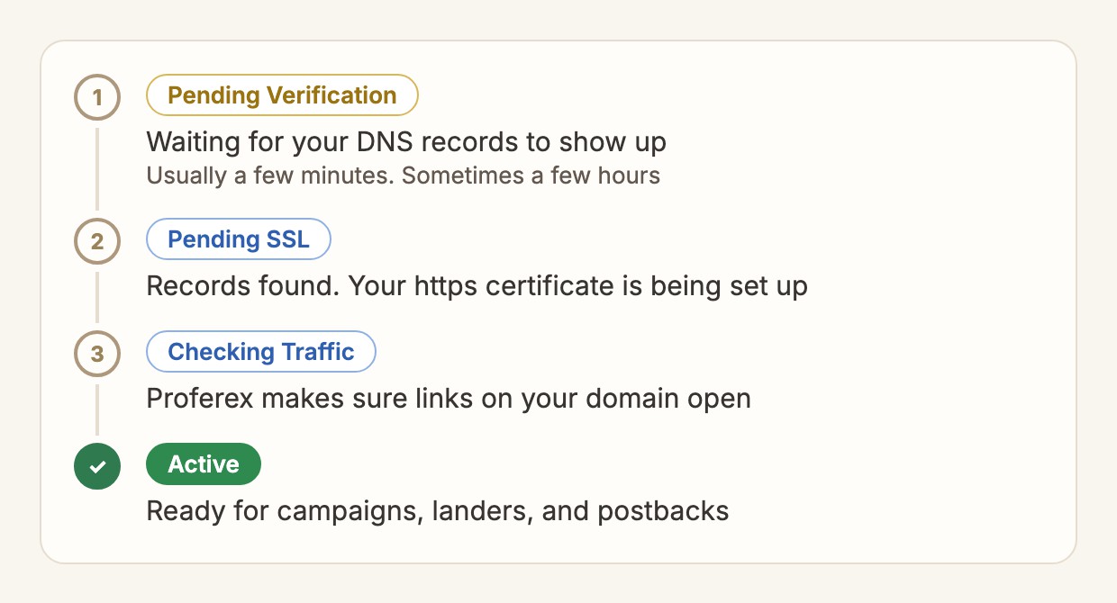 Domain status steps: Pending Verification, Pending SSL, Checking Traffic, then Active