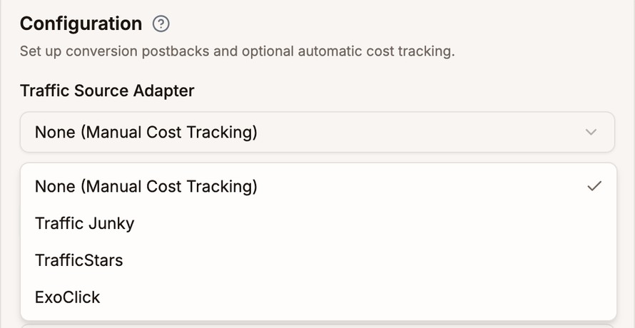 The Traffic Source Adapter list open with None (Manual Cost Tracking), Traffic Junky, TrafficStars, and ExoClick