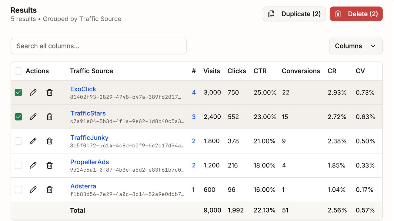 Two traffic sources ticked in the list, with the Duplicate (2) and Delete (2) buttons outlined at the top