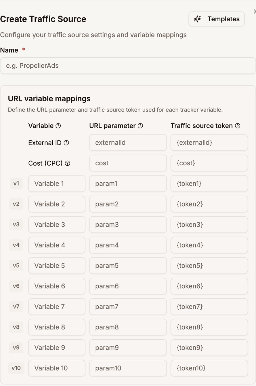 URL variable mappings with the External ID and Cost (CPC) rows outlined, and the v1 to v10 rows outlined below