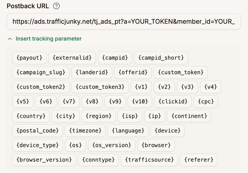 The Insert tracking parameter list open, with placeholders from payout and externalid to referer