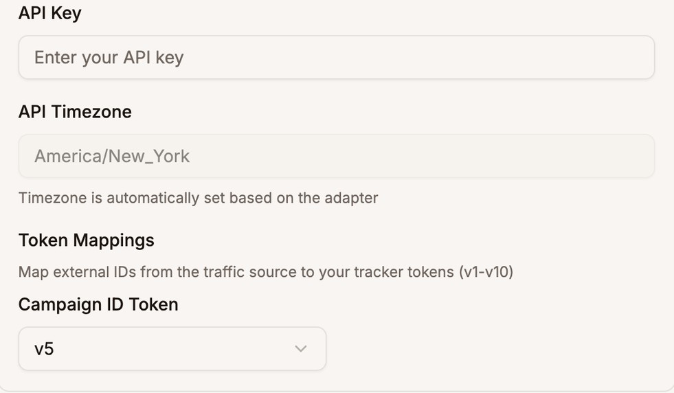 The TrafficJunky API Key field, API Timezone set to America/New_York, and Campaign ID Token set to v5