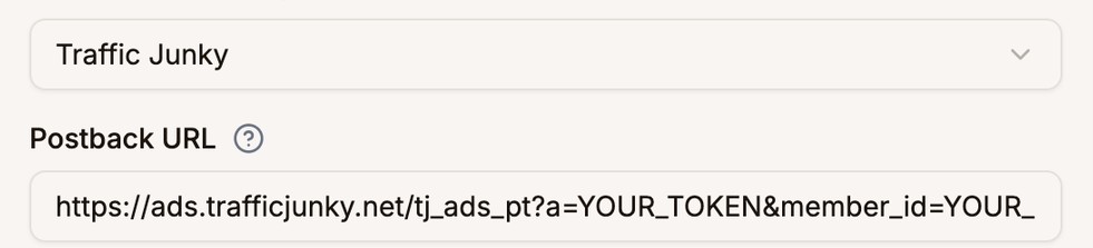 The TrafficJunky adapter selected and its postback URL with YOUR_TOKEN and YOUR_MEMBER_ID