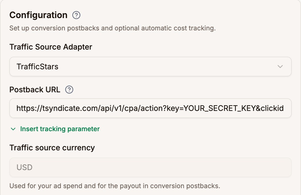 The TrafficStars adapter selected, its postback URL with YOUR_SECRET_KEY, and the Traffic source currency set to USD