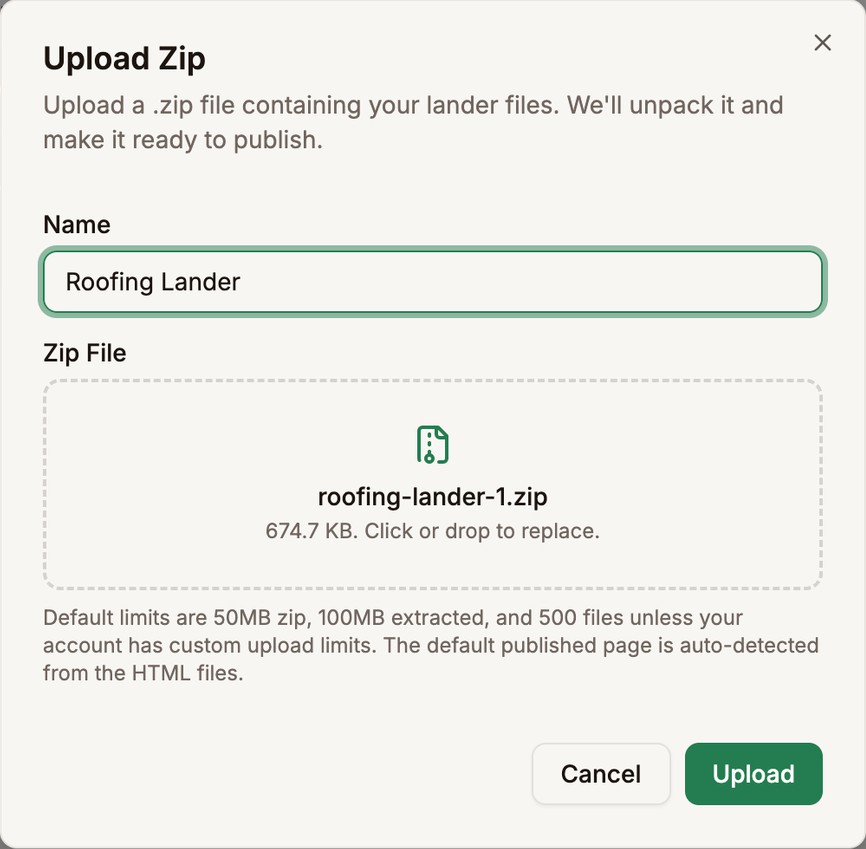 Upload Zip dialog with the name Roofing Lander, the file roofing-lander-1.zip selected, and the Upload button outlined