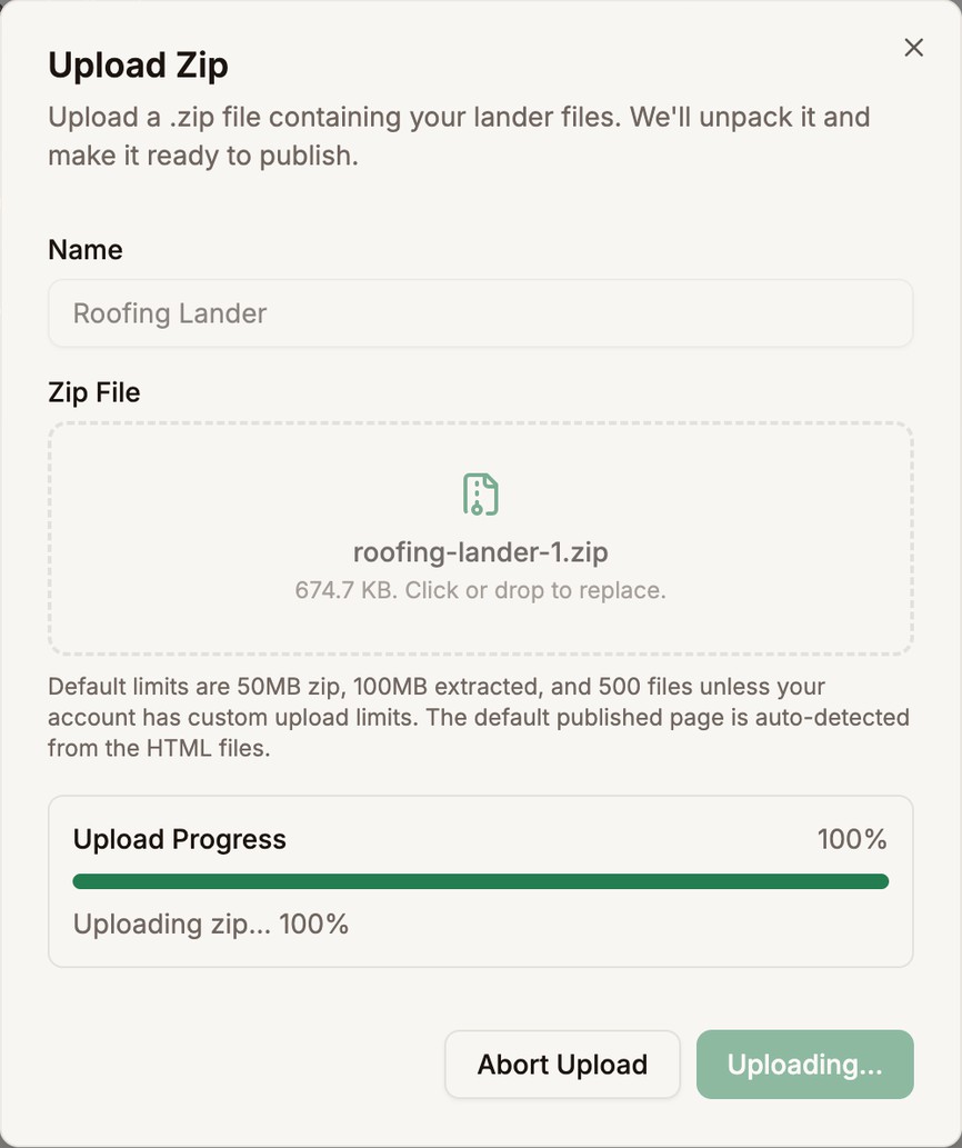 Upload Zip dialog showing Upload Progress at 100%